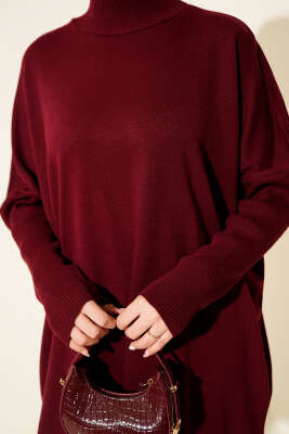 Kol Ribanalı Oversize Triko Tunik Bordo - Tunik