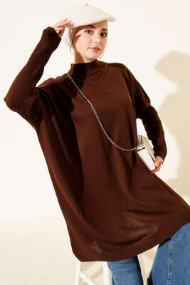 Kol Ribanalı Oversize Triko Tunik Kahve - NESSİA