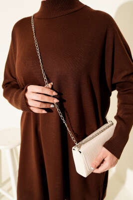 Kol Ribanalı Oversize Triko Tunik Kahve - Tunik