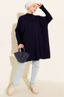 Kol Ribanalı Oversize Triko Tunik Lacivert - Yılın Fırsatı