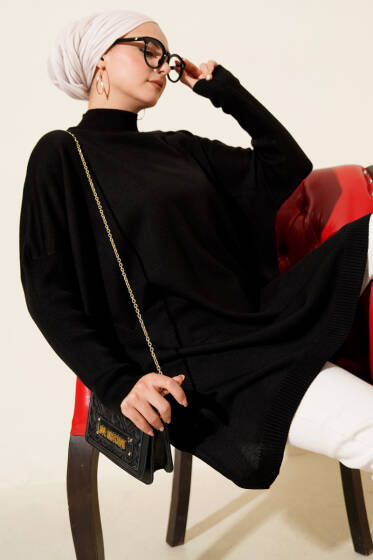 Kol Ribanalı Oversize Triko Tunik Siyah - Tunik