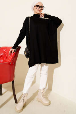 Kol Ribanalı Oversize Triko Tunik Siyah - Tunik