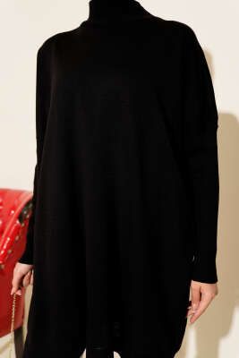 Kol Ribanalı Oversize Triko Tunik Siyah - Tunik