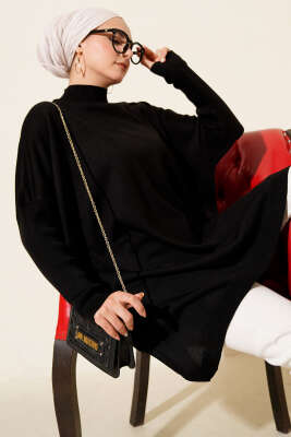 Kol Ribanalı Oversize Triko Tunik Siyah - NESSİA