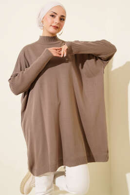 Kol Ribanalı Oversize Triko Tunik Vizon - NESSİA