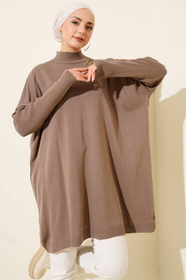 Kol Ribanalı Oversize Triko Tunik Vizon - Tunik