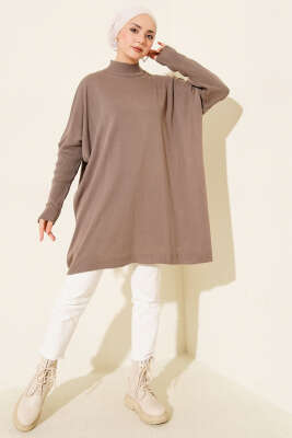 Kol Ribanalı Oversize Triko Tunik Vizon - Tunik