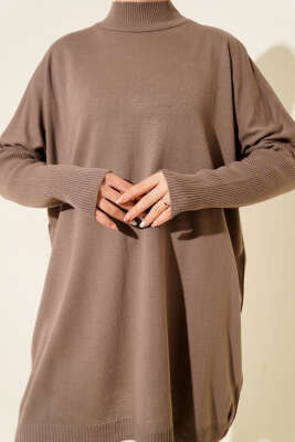 Kol Ribanalı Oversize Triko Tunik Vizon - Tunik