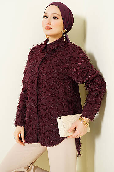 Kol Ribanalı Sakallı Gömlek Mürdüm - Gömlek