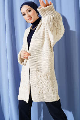 Kol Sepet Örgülü Triko Hırka Bej - VANİZA TRİKO