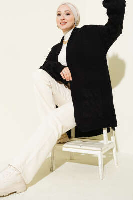 Kol Sepet Örgülü Triko Hırka Siyah - Hırka