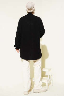 Kol Sepet Örgülü Triko Hırka Siyah - Hırka