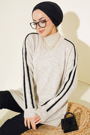 Kol Şerit Detaylı Triko Kazak Bej - Kazak