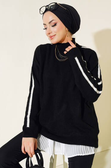 Kol Şerit Detaylı Triko Kazak Siyah - Kazak