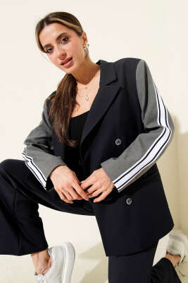 Kol Şeritli Düğmeli Blazer Ceket Lacivert - QUZU