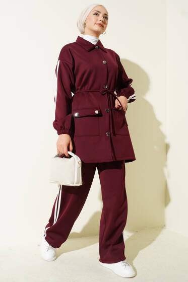 Kol Şeritli Düğmeli Scuba İkili Takım Bordo - Scuba Ürünler