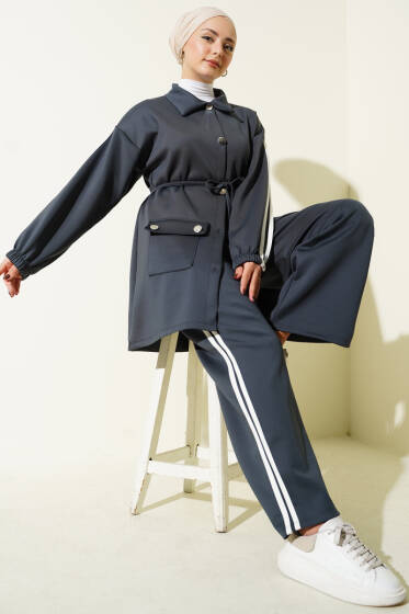 Kol Şeritli Düğmeli Scuba İkili Takım Füme - İkili Takım