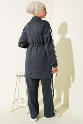 Kol Şeritli Düğmeli Scuba İkili Takım Füme - İkili Takım