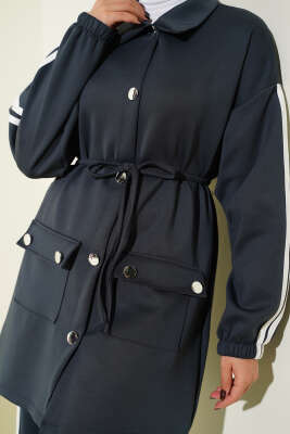 Kol Şeritli Düğmeli Scuba İkili Takım Füme - İkili Takım