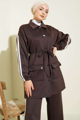 Kol Şeritli Düğmeli Scuba İkili Takım Kahve - İkili Takım