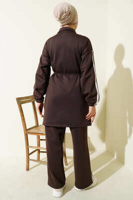 Kol Şeritli Düğmeli Scuba İkili Takım Kahve - İkili Takım