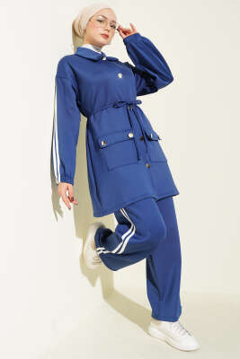 Kol Şeritli Düğmeli Scuba İkili Takım Lacivert - NESSİA