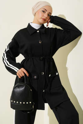 Kol Şeritli Düğmeli Scuba İkili Takım Siyah - İkili Takım