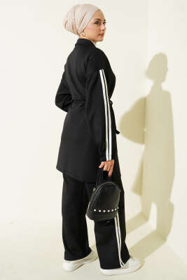 Kol Şeritli Düğmeli Scuba İkili Takım Siyah - İkili Takım