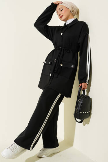 Kol Şeritli Düğmeli Scuba İkili Takım Siyah - Scuba Ürünler