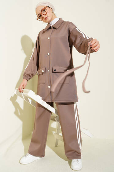 Kol Şeritli Düğmeli Scuba İkili Takım Vizon - Scuba Ürünler