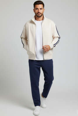 Kol Şeritli Fermuarlı Erkek Eşofman Üst Bej - Erkek Ceket