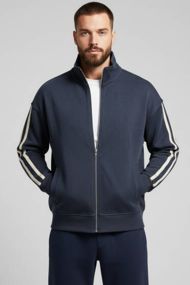 Kol Şeritli Fermuarlı Erkek Eşofman Üst Füme - Erkek Ceket