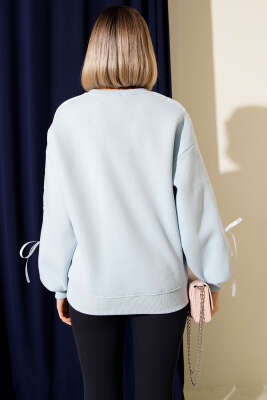 Kol Şeritli Fiyonklu Üç İplik Sweatshirt Bebe Mavi - Kadın Giyim Modelleri