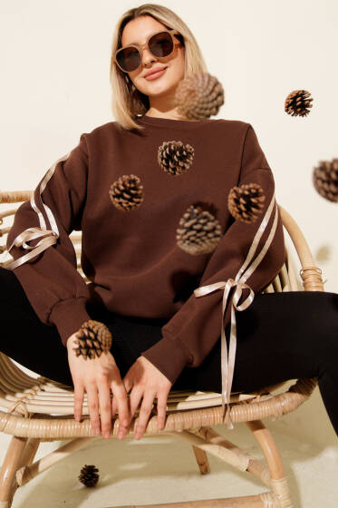 Kol Şeritli Fiyonklu Üç İplik Sweatshirt Kahve - Kadın Giyim Modelleri