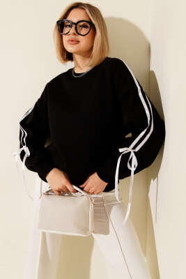 Kol Şeritli Fiyonklu Üç İplik Sweatshirt Siyah - DİVON