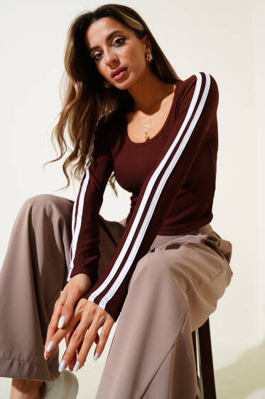 Kol Şeritli Kaşkorse Bluz Kahve - Kadın Giyim Modelleri