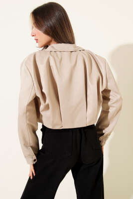 Kol Şeritli Pens Detaylı Crop Ceket Bej - Kadın Giyim Modelleri