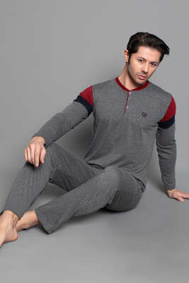 Kol Şeritli Uzun Kol Erkek Pijama Takımı Füme Bordo 