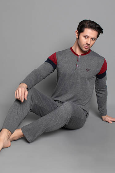 Kol Şeritli Uzun Kol Erkek Pijama Takımı Füme Bordo - Pijama