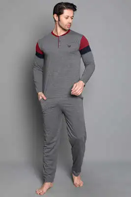 Kol Şeritli Uzun Kol Erkek Pijama Takımı Füme Bordo - Pijama