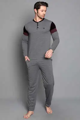 Kol Şeritli Uzun Kol Erkek Pijama Takımı Füme Siyah 