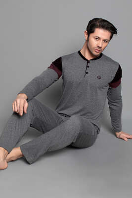 Kol Şeritli Uzun Kol Erkek Pijama Takımı Füme Siyah - Kadın Pijama Takımı