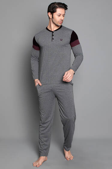 Kol Şeritli Uzun Kol Erkek Pijama Takımı Füme Siyah - Pijama