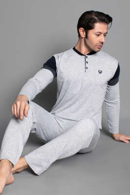Kol Şeritli Uzun Kol Erkek Pijama Takımı Gri - ERKEK PİJAMA