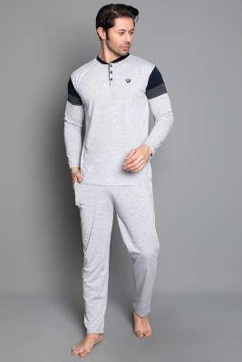 Kol Şeritli Uzun Kol Erkek Pijama Takımı Gri 
