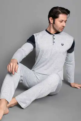 Kol Şeritli Uzun Kol Erkek Pijama Takımı Gri - Kadın Pijama Takımı