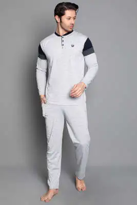 Kol Şeritli Uzun Kol Erkek Pijama Takımı Gri - Pijama