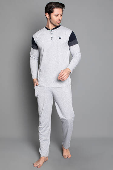 Kol Şeritli Uzun Kol Erkek Pijama Takımı Gri - Pijama