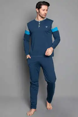 Kol Şeritli Uzun Kol Erkek Pijama Takımı İndigo - Kadın Pijama Takımı