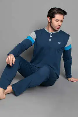 Kol Şeritli Uzun Kol Erkek Pijama Takımı İndigo 